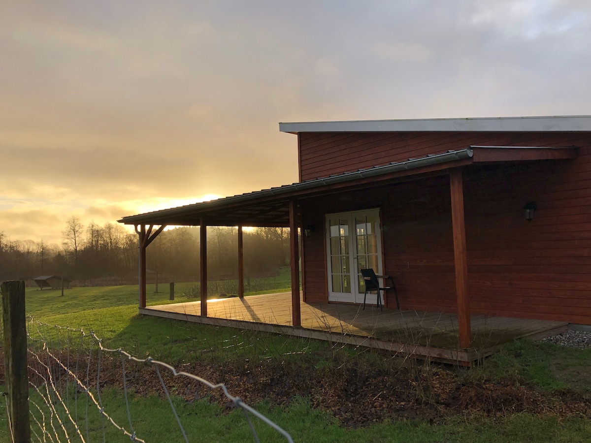 A wooden veranda is featured in front of the house, with a single chair positioned for outdoor seating. The setting includes lush green grass and a gently sloping horizon, enhanced by a soft sunrise illuminating the sky.