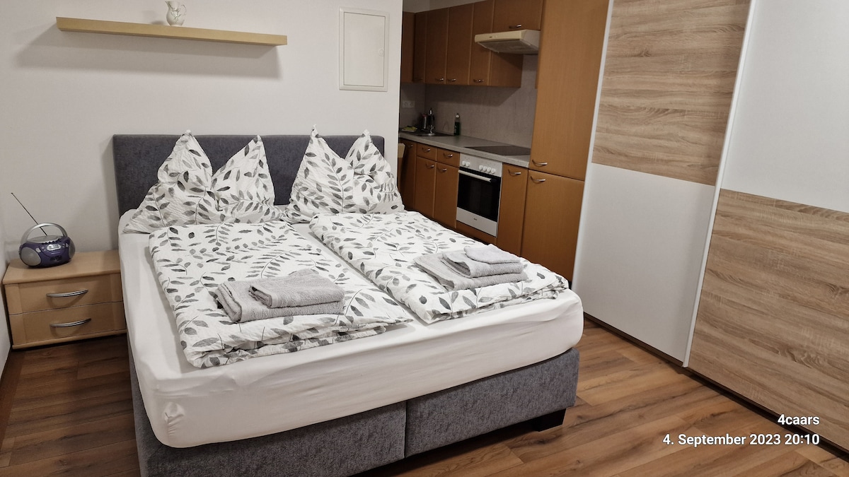 A sleeping area contains a spacious bed with a neutral-toned bedspread and decorative pillows. A bedside table in light wood is positioned alongside. The kitchen area features wooden cabinetry and modern appliances, creating a welcoming and practical space.