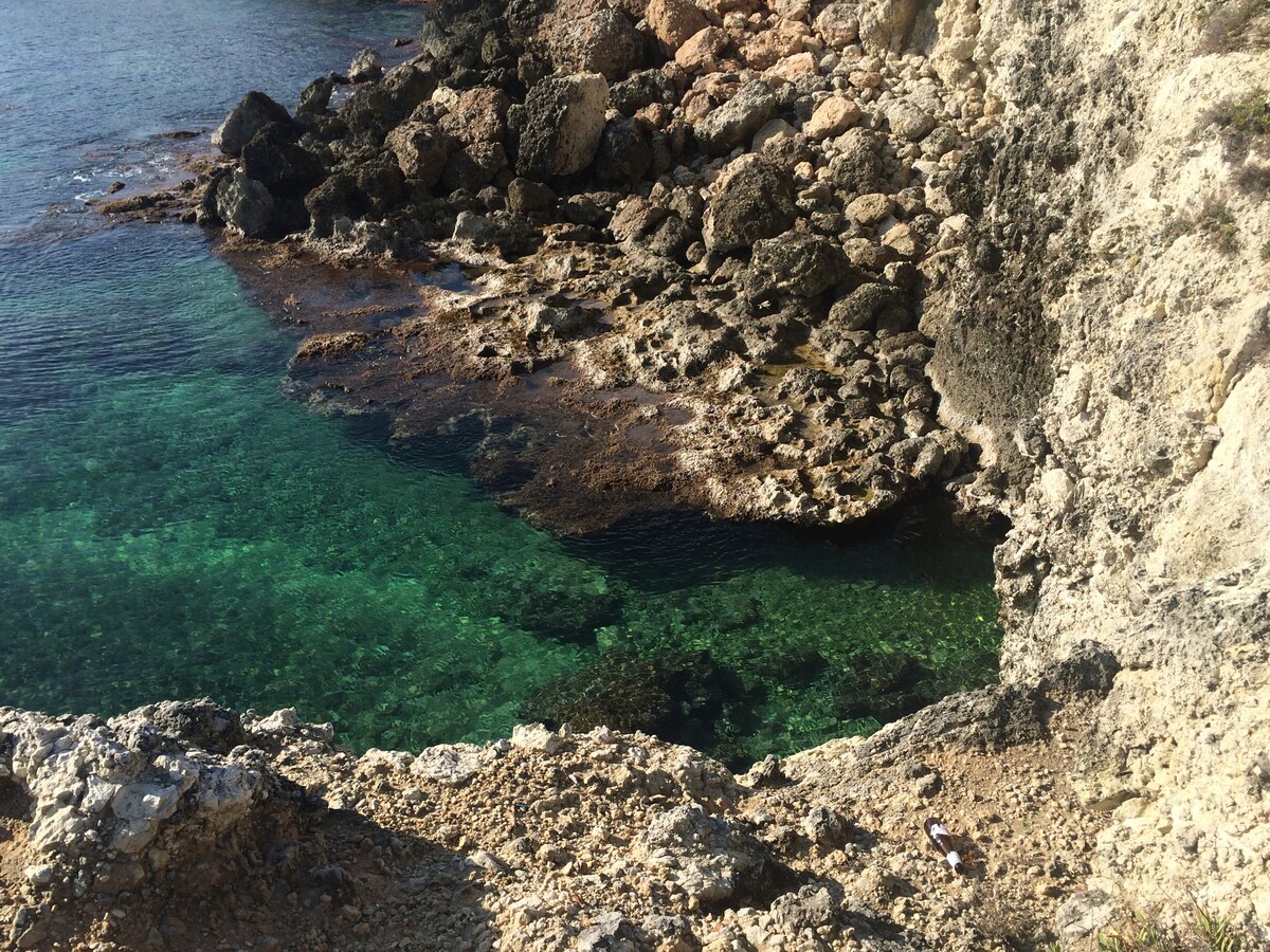 A rocky shoreline is observed, with clear turquoise waters revealing the sea floor. Various rocks and pebbles are scattered along the coast, creating a natural texture. The sunlight reflects off the water, enhancing the realistic colors of the seascape.