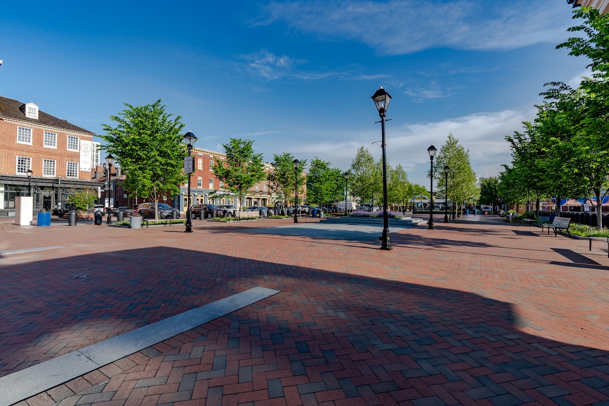 A wide-open plaza is filled with bright green trees lining the walkways. Historic brick buildings can be seen in the background, complemented by street lamps that enhance the urban landscape. The clear sky and sunlight create a welcoming and vibrant environment for visitors.