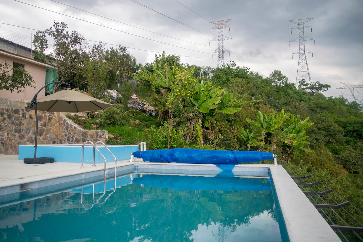 A tranquil pool area is framed by lush greenery, featuring a protective cover rolled neatly along the edge. A shaded umbrella is positioned nearby, complementing the serene landscape. Power lines in the distance contrast with the natural setting, enhancing the overall outdoor ambiance.