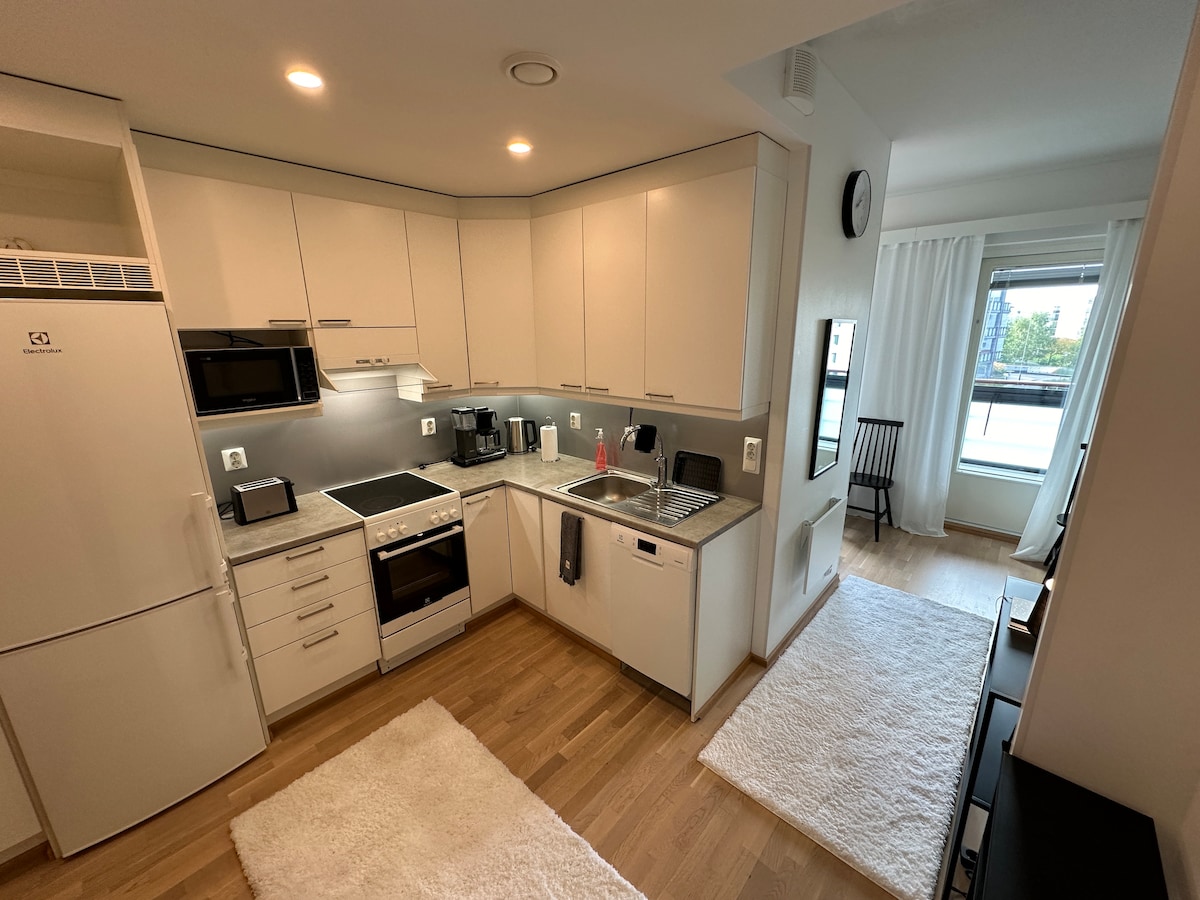A modern kitchen features integrated appliances, including a microwave and oven. A spacious countertop provides ample workspace, with a sink and dishwasher visible. Light-colored cabinetry complements the wood flooring, and a soft area rug is placed in front of the sink. A chair and window are visible in the adjoining room.