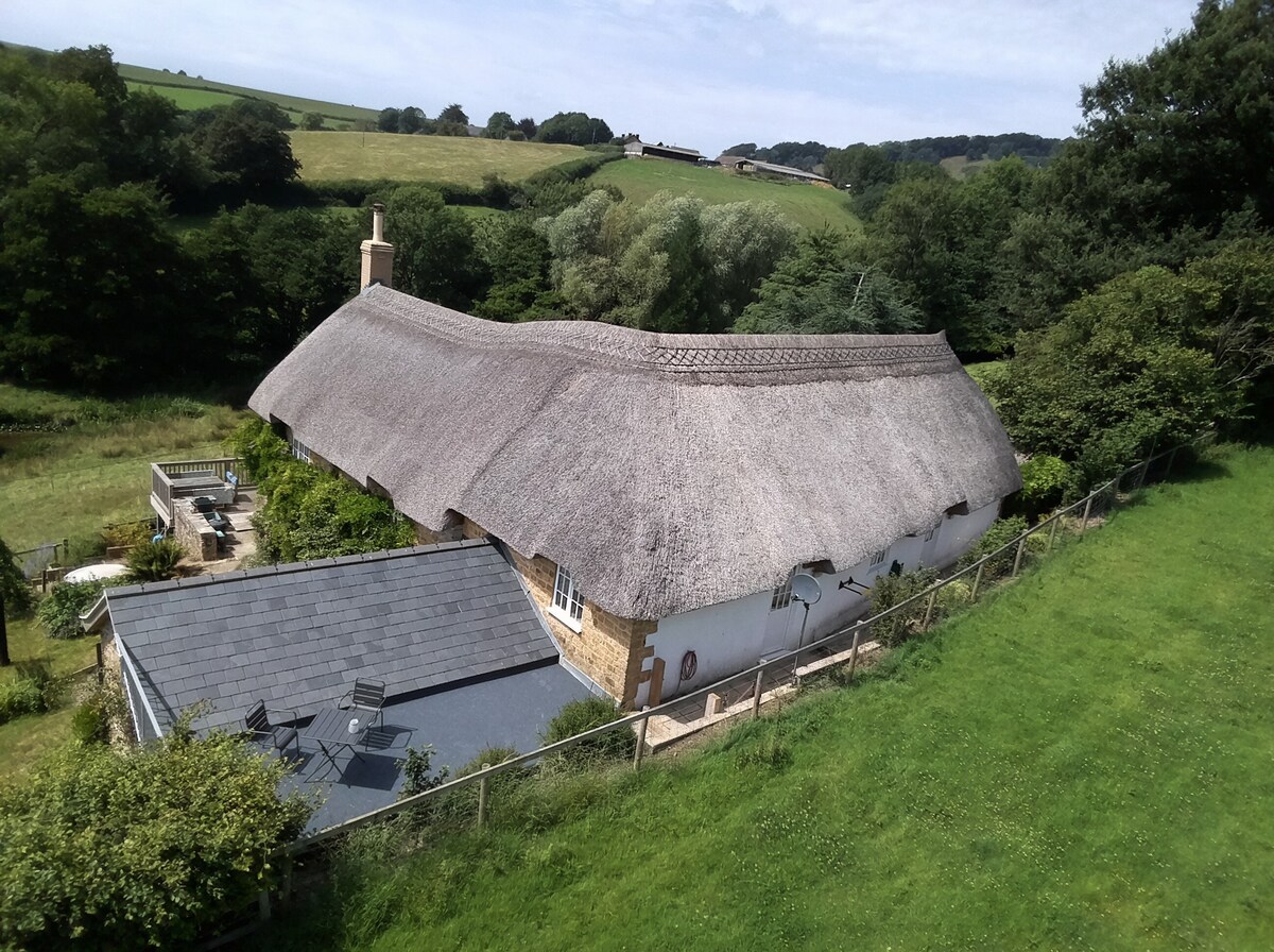 A charming thatched cottage is surrounded by lush green countryside, with rolling hills visible in the background. A spacious roof terrace is seen on one side, furnished with chairs. The structure's traditional design is complemented by the natural landscape enveloping the property.