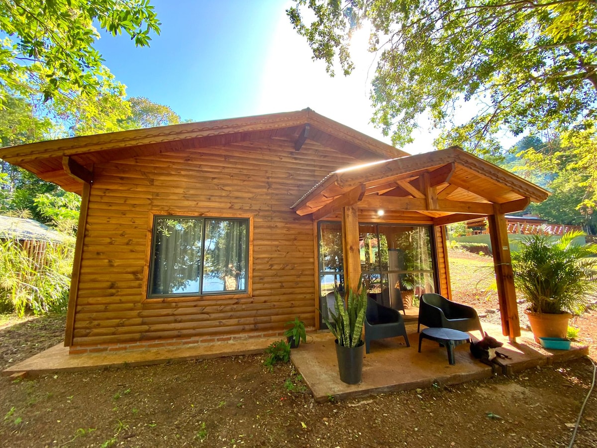The exterior of a wooden cabin is featured, showcasing large windows that provide views of the surrounding nature. A covered porch with two cozy chairs offers a space to relax under the shade of leafy trees. Sunlight filters through the foliage.