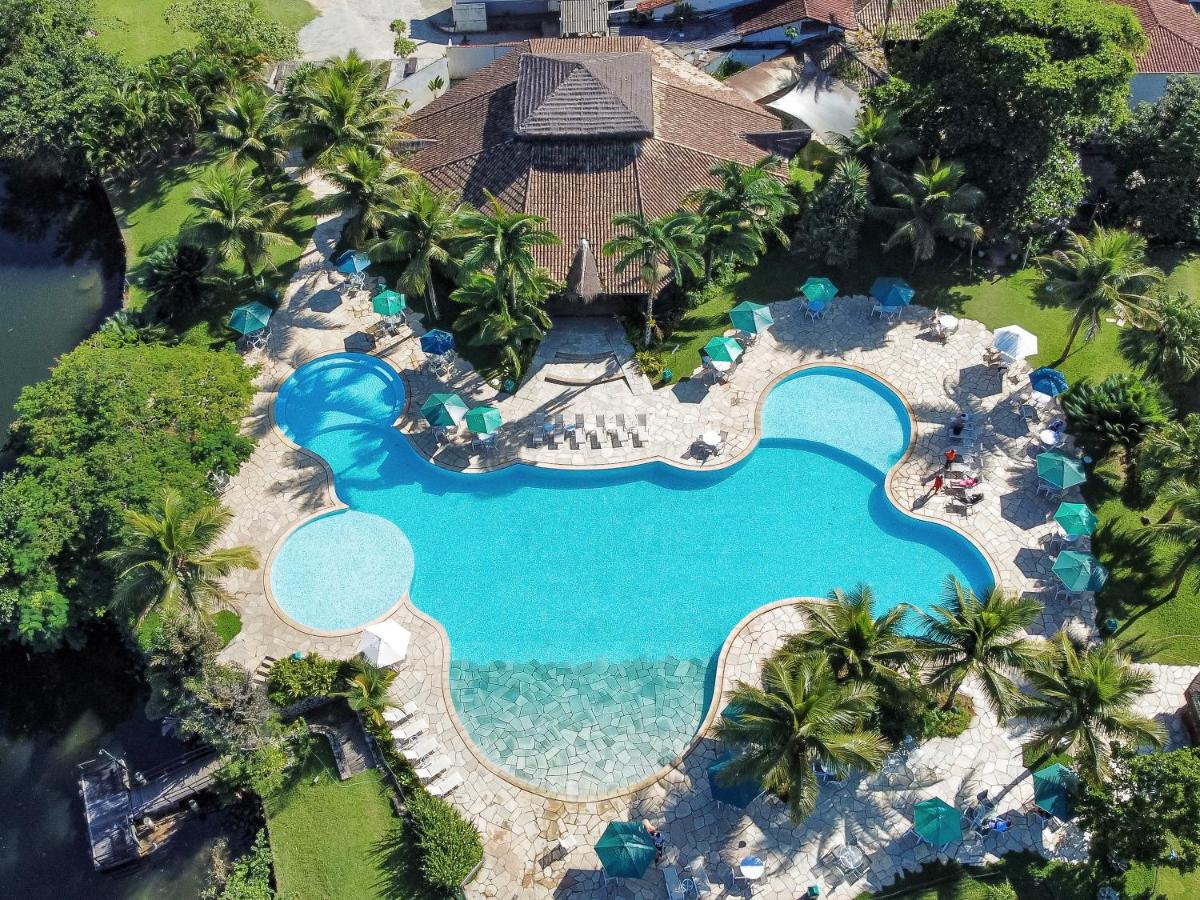 An aerial view of a large outdoor swimming pool, shaped like a playful silhouette, surrounded by palm trees and lounge chairs. The pool area features a stone deck, with tropical landscaping and a pavilion visible in the background, offering a serene atmosphere.