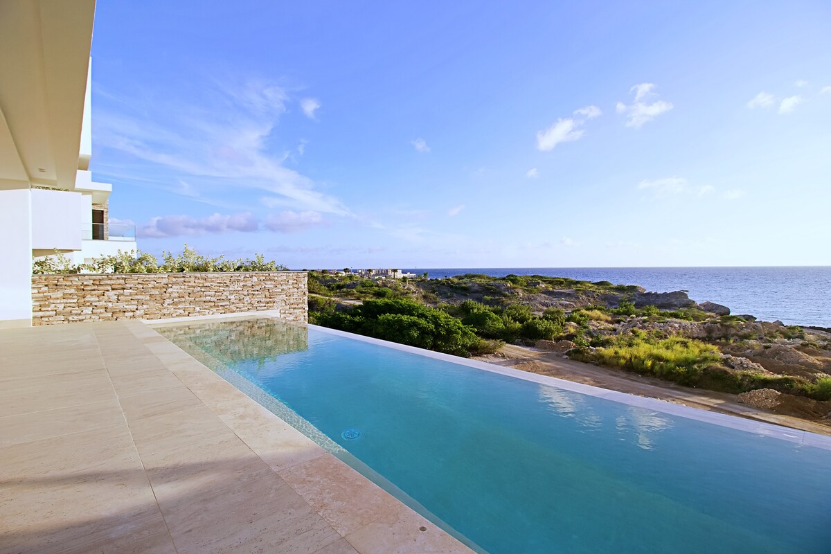An infinity pool extends along the terrace, offering unobstructed views of the Caribbean Sea. The pool's smooth surface reflects the blue sky above, while lush greenery borders the rocky shoreline, creating a serene coastal landscape.