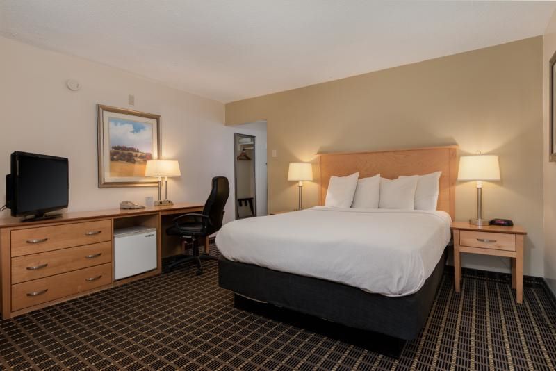 A well-appointed guest room features a spacious bed with three decorative pillows. A desk and ergonomic chair are positioned beside a flat-screen television. Gentle lighting is provided by bedside lamps, and a mini fridge is located below the desk.