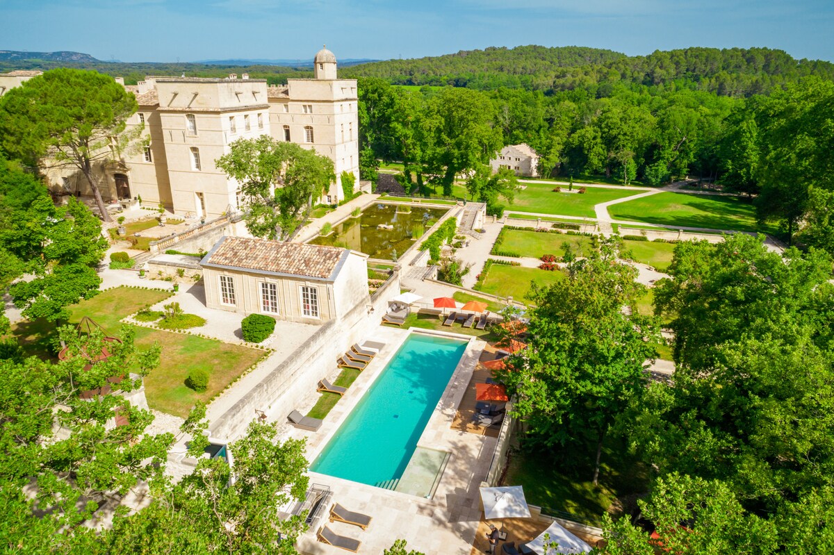 The expansive grounds feature manicured gardens, serene water features, and a long pool surrounded by lounge chairs. The historic château stands majestically in the backdrop, flanked by lush greenery and trees, enhancing the tranquil atmosphere of the property.