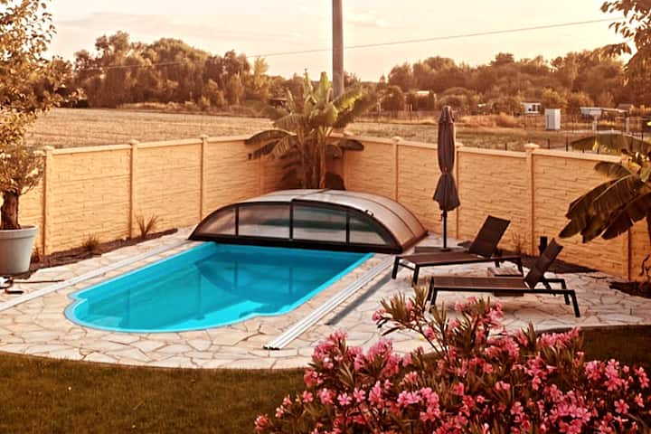 Private pool, AC, sauna, and view of countryside