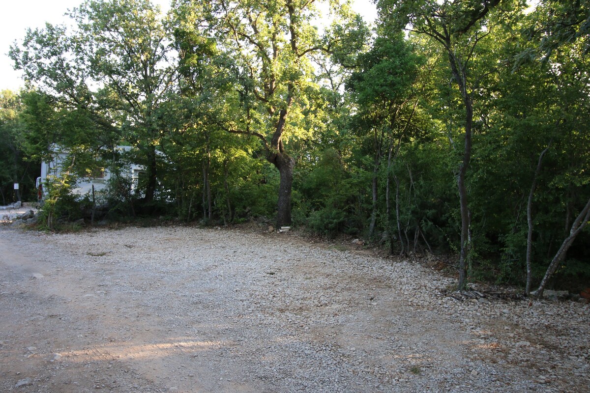 A gravel area is bordered by various trees, creating a natural setting. Sunlight filters through the foliage, casting gentle shadows on the ground. The space appears clear and open, suitable for parking or outdoor activities.