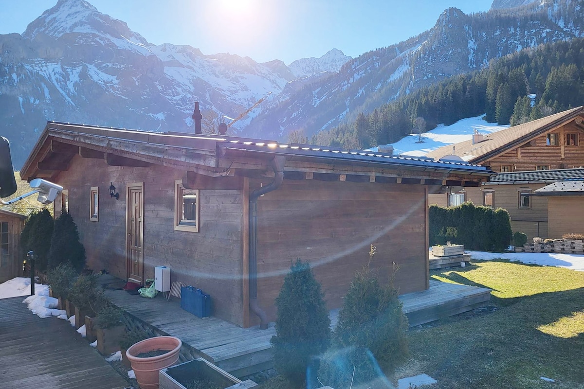 The exterior of a wooden chalet is showcased against a backdrop of snow-capped mountains. Sunlight reflects off the roof, highlighting the spacious deck and landscaped garden. Surrounding greenery, including neatly trimmed shrubs, enhances the tranquil setting.