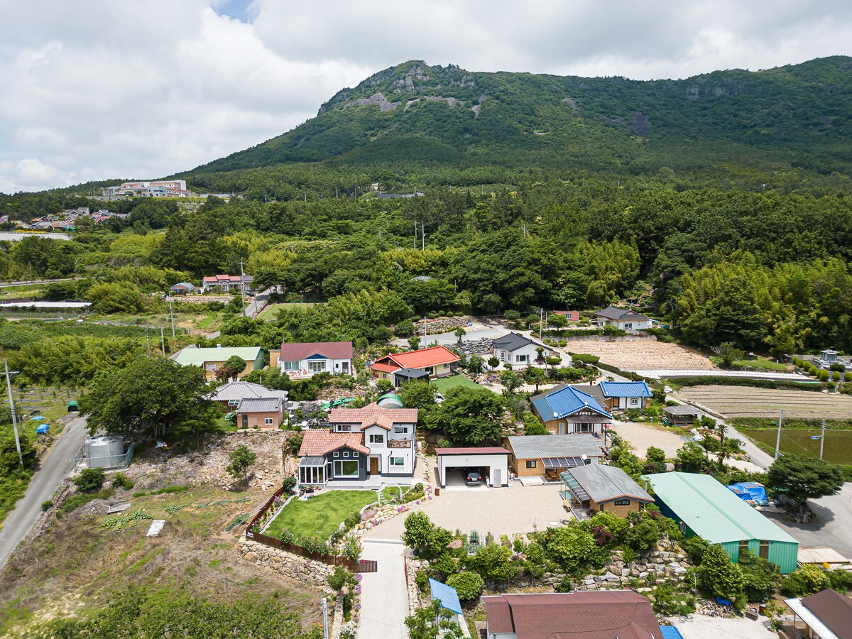An aerial view captures a cluster of traditional homes nestled among lush greenery, with a backdrop of a mountain. The scenery includes varied roof styles and colors, surrounded by fields, creating a peaceful countryside atmosphere.