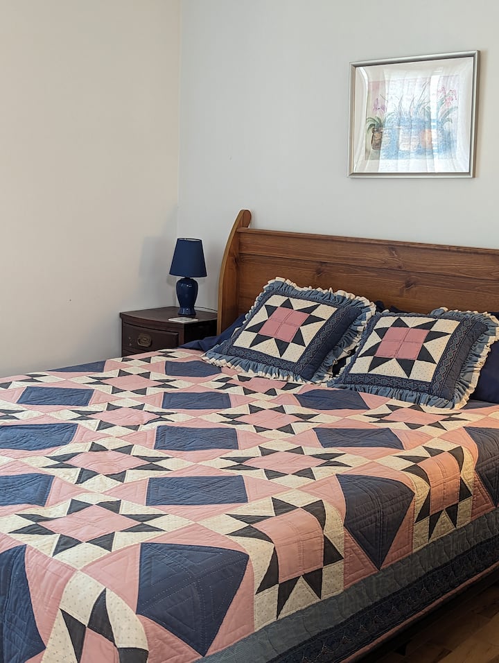 Chumba cha wageni cha ghorofa kuu kilicho na kitanda cha ukubwa wa kifalme.