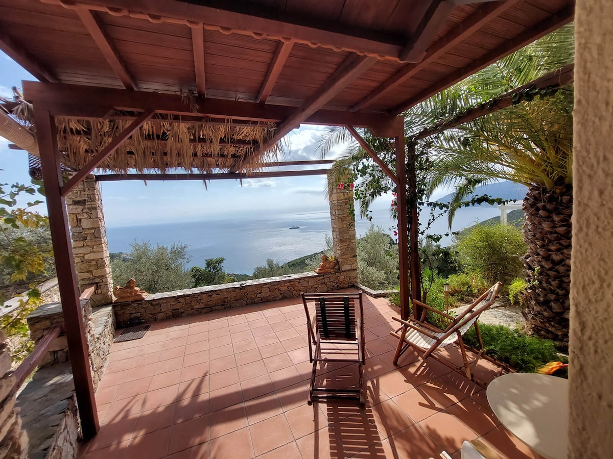 A covered terrace offers a panoramic view of the Aegean Sea. The space features a combination of stone and wood construction, with wooden lounge chairs positioned for relaxation. Lush greenery and palm trees are visible in the surrounding area, enhancing the serene atmosphere.