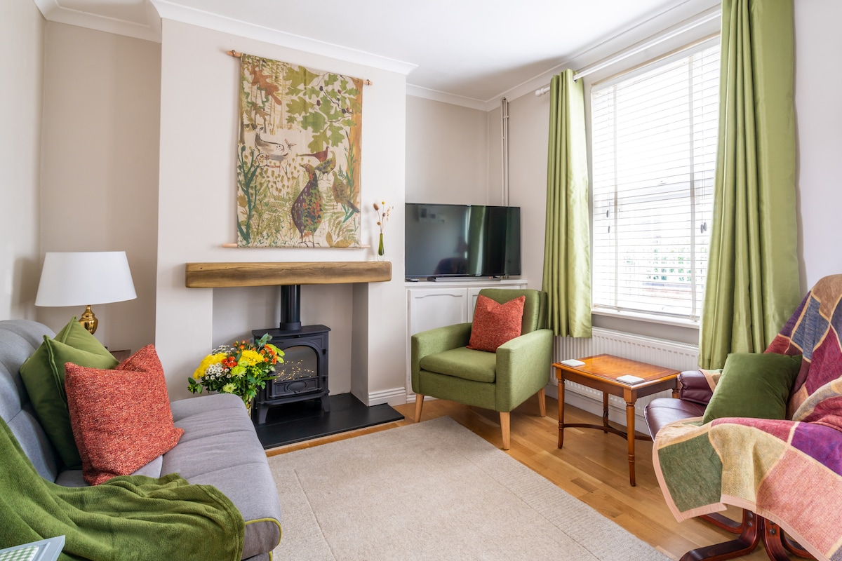 The living room features a cozy layout with a decorative log burner at the center. A television is mounted on the wall. Comfortable seating includes a grey sofa with vibrant cushions and two green armchairs. Natural light filters through the window, complemented by light green curtains.