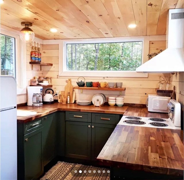 The kitchen features wooden walls and a ceiling adorned with warm tones. Green cabinetry complements a wooden countertop. A large window offers views of the wooded area outside. Kitchen appliances, including a refrigerator, coffee maker, and stovetop, are neatly arranged within the space.