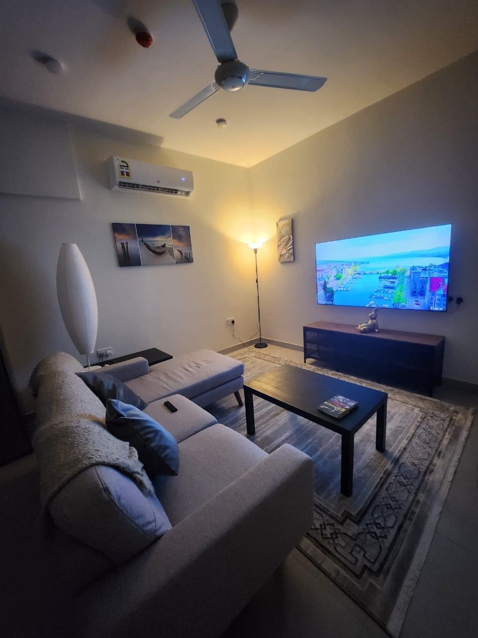 A cozy TV room is presented, featuring a light-colored couch with decorative pillows and a dark coffee table. A flat-screen television showcases vibrant images on the wall opposite. Soft lighting from a floor lamp creates a comfortable ambiance, complemented by a contemporary rug underfoot.