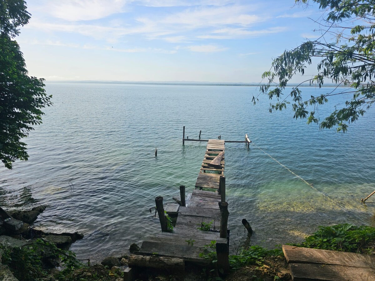 A wooden dock extends into calm waters, surrounded by lush greenery and tranquil scenery. The peaceful surface reflects a clear blue sky, creating a serene ambiance. Several posts are visible along the dock, adding a natural element to the landscape.