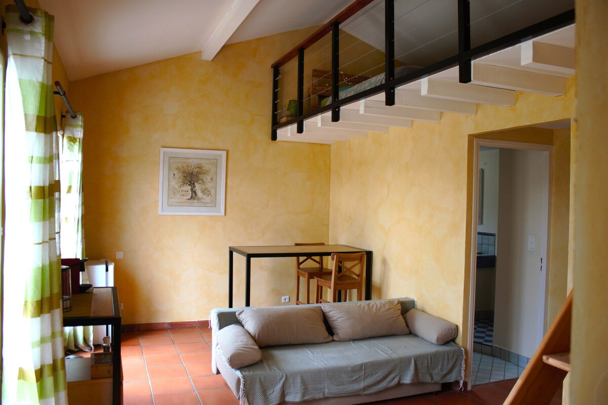 The interior space features warm yellow walls and a comfortable sofa in a casual layout. A dining table with bar stools is visible, complemented by large windows adorned with striped curtains. A loft area can be seen above, enhancing the room's open feel.