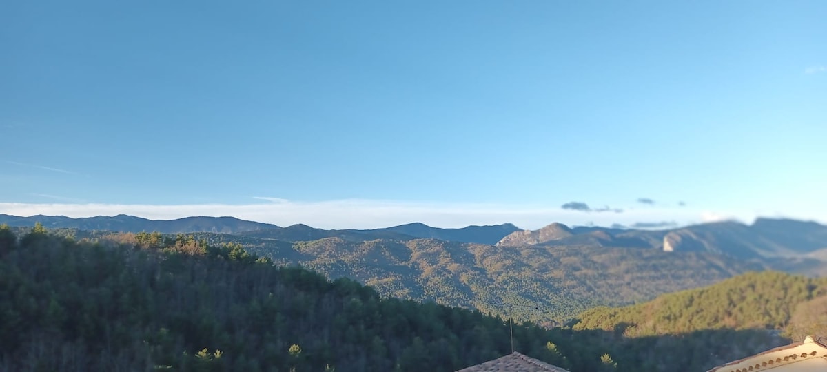 A panoramic view of lush green mountains stretches across the horizon under a clear blue sky. The landscape showcases a gentle slope of forested terrain, creating a serene and inviting backdrop.