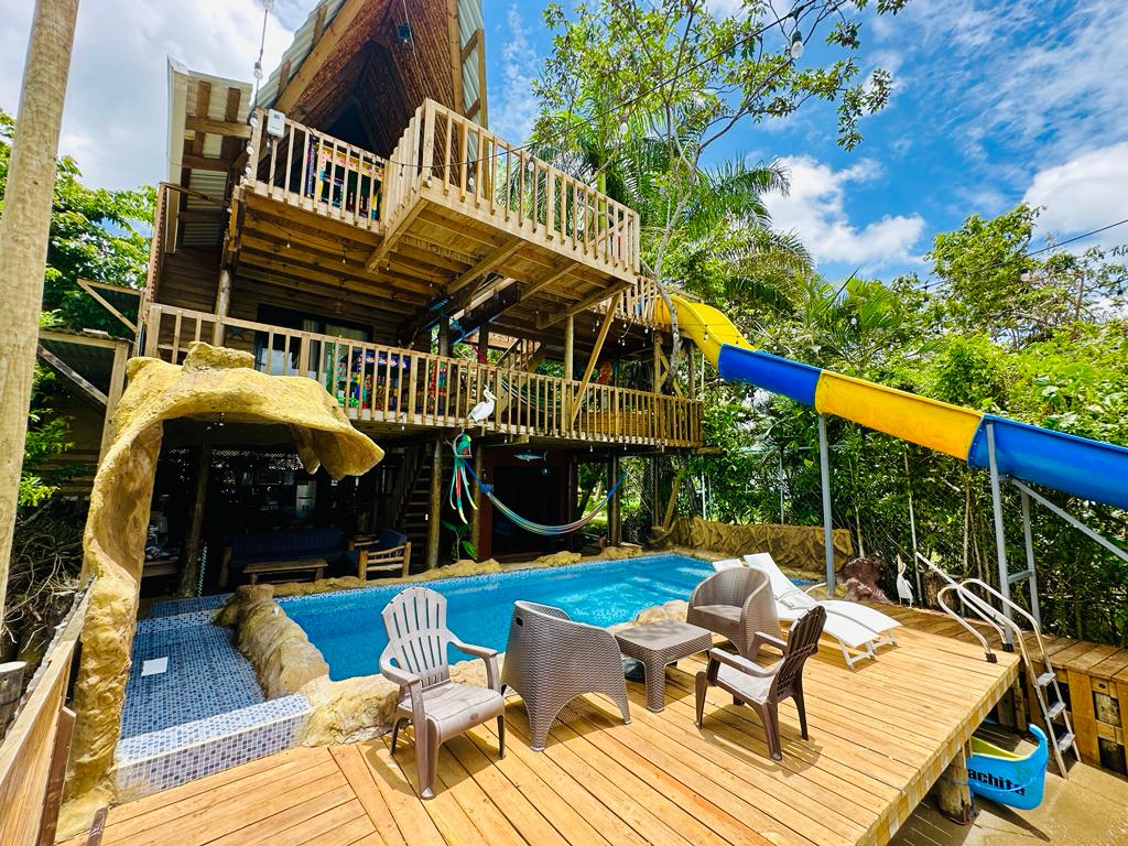 The exterior view features a multi-level wooden structure with a slide leading into a swimming pool. Relaxing seating options, including chairs, surround the pool area amidst lush greenery and a vibrant blue sky.