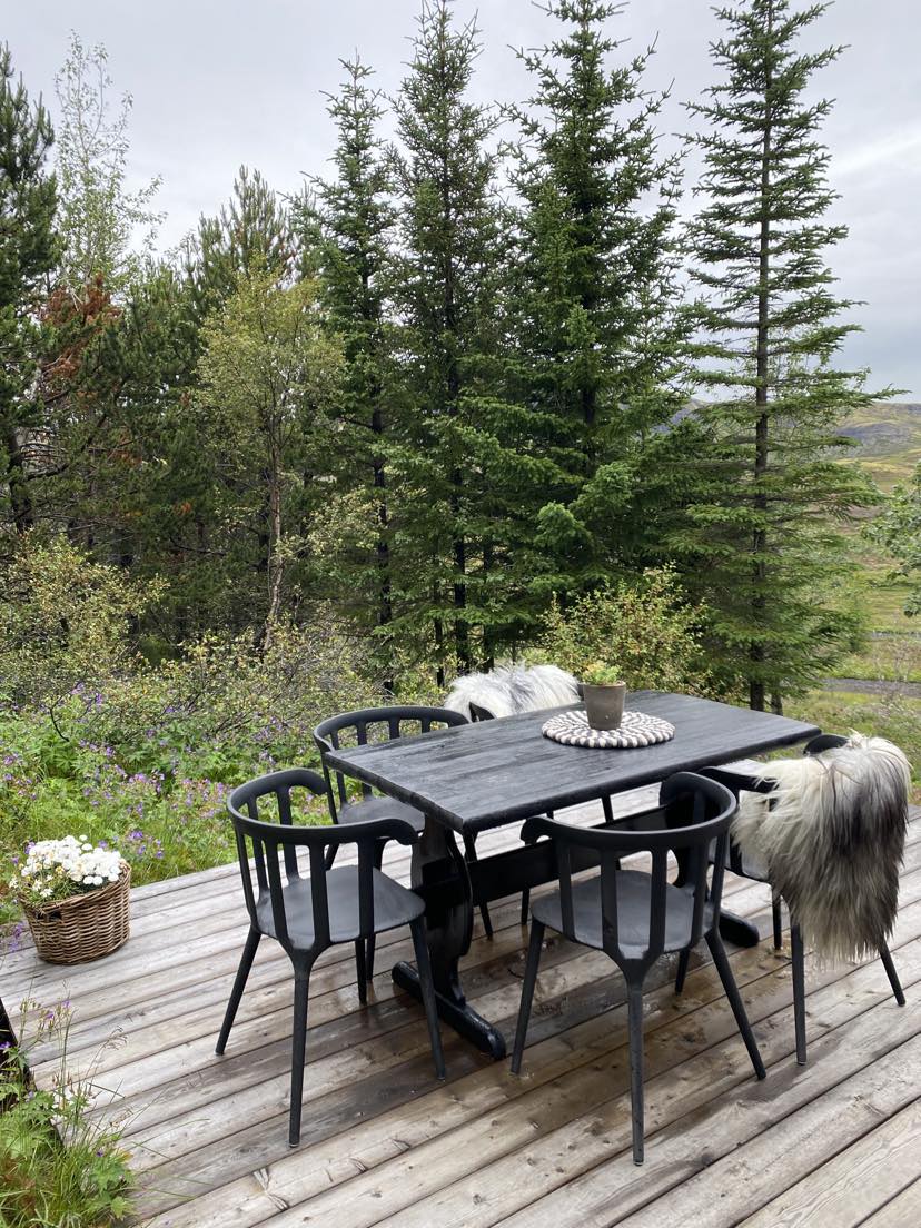 An outdoor dining area is presented, featuring a black wooden table surrounded by four chairs. The table is set with a decorative centerpiece. Plush throws are draped over the chairs, and a basket of flowers is positioned nearby, with trees and greenery in the background.