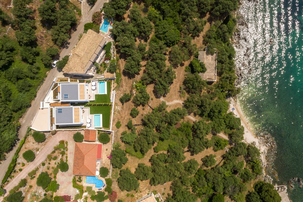 An aerial view captures two identical villas positioned side by side, each featuring private pools. Surrounding greenery and a winding path lead to a rocky shoreline, where the crystal clear water reflects sunlight. A road borders the property, adding accessibility to the location.