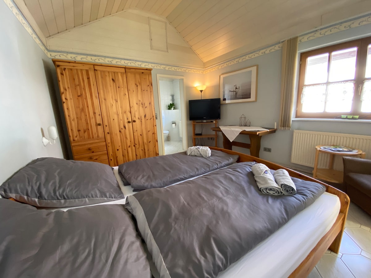 A cozy sleeping area is furnished with a spacious double bed, featuring separate mattresses. A wooden wardrobe and side table complement the light blue walls. A television is mounted on the wall, and a doorway leads to a bathroom in the background.