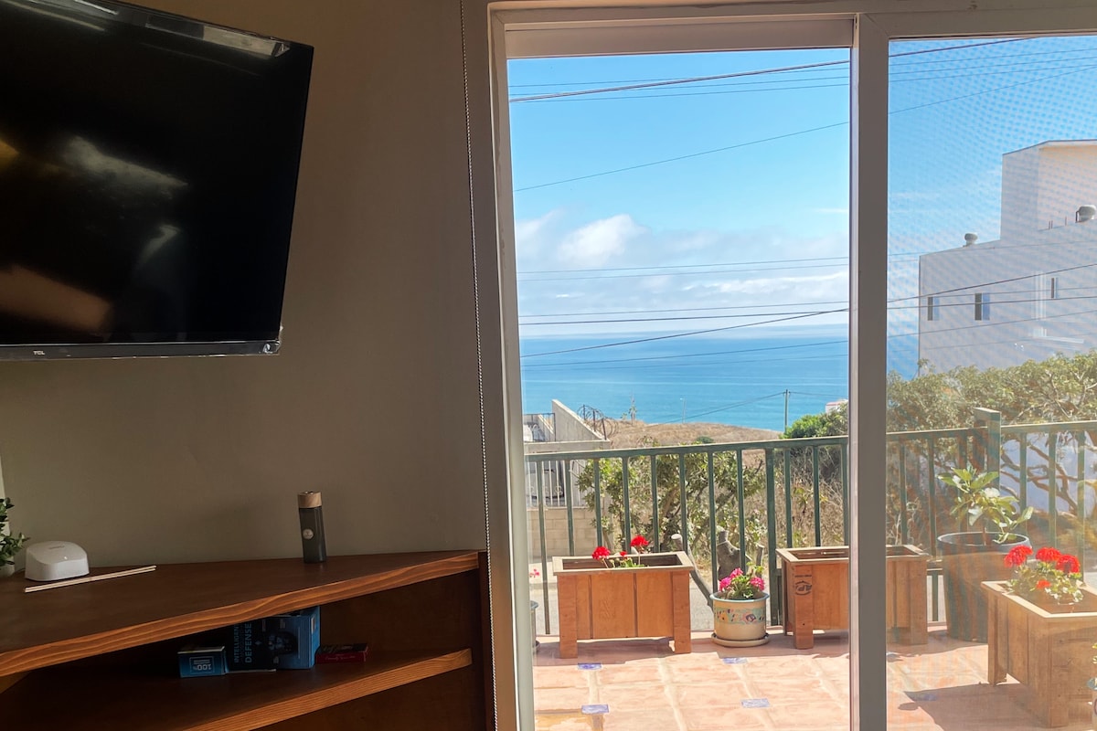 A spacious living area features a mounted television and a view of the ocean through sliding glass doors. Potted flowers are arranged on the balcony, adding a touch of color to the serene coastal scene.