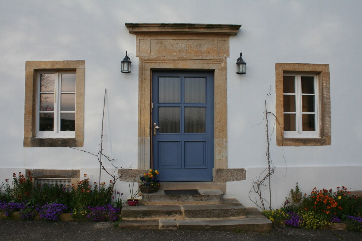 The entrance features a blue door framed by stone accents and two wall-mounted lanterns. Two windows with white frames are positioned symmetrically on either side of the door. The area is adorned with colorful flower beds, enhancing the welcoming appearance of the facade.