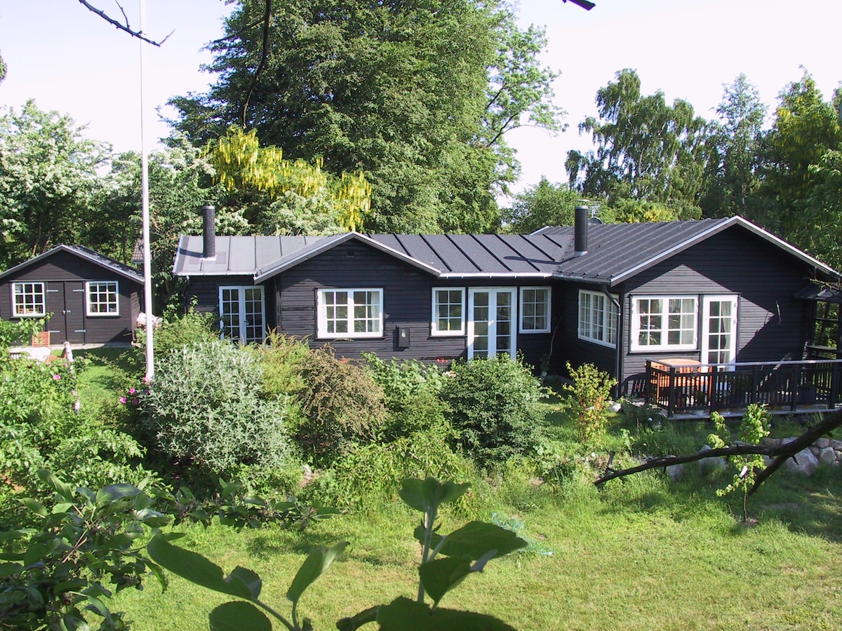 A spacious black summerhouse is surrounded by lush greenery, featuring multiple windows that allow light to fill the interior. A separate small annex is visible nearby, creating additional outdoor charm. A wooden deck with outdoor seating can be seen, inviting relaxation in the garden.