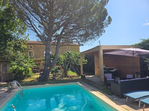 Stone farmhouse in the countryside with pool