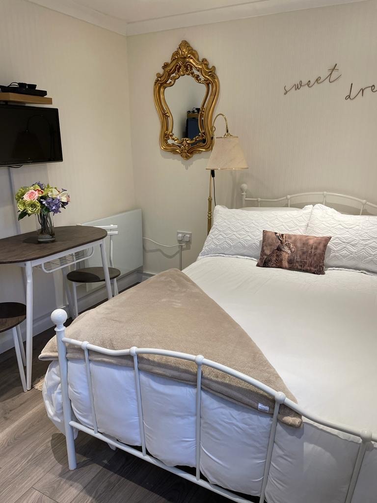 A bright sleeping area is defined by a white metal bed adorned with soft linens and a decorative throw. A small circular table with two chairs is positioned nearby. A wall-mounted TV and a vintage mirror add functional and aesthetic elements to the space.