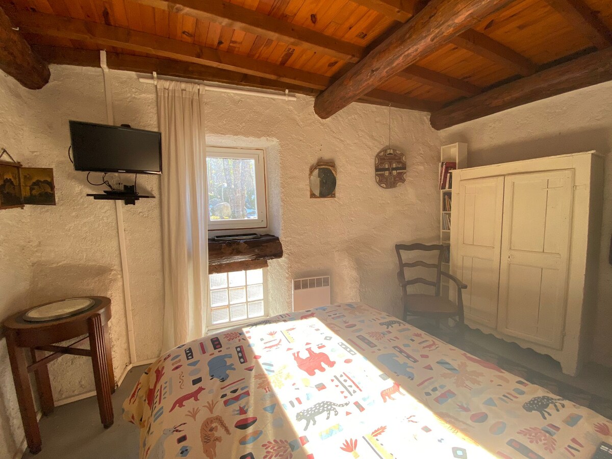 Საძინებელი 1: ორადგილიანი საწოლი 140 სმ ტელევიზორით. Ტყის ფანჯარა