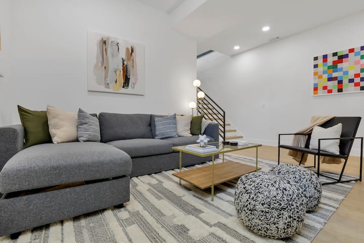 Basement Living Level Entertainment Room with Queen Size Pull Out Sofa Bed