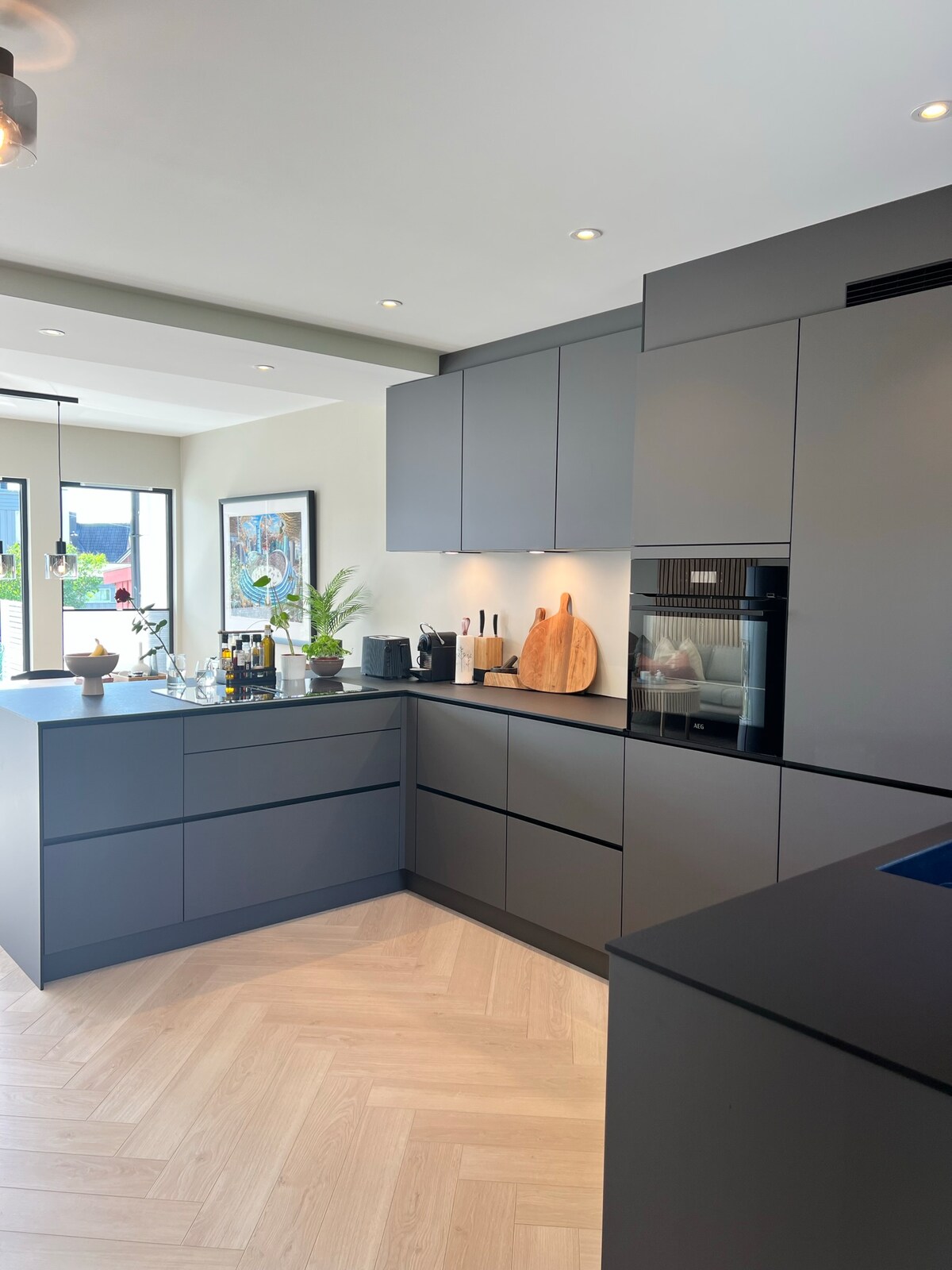 The kitchen features modern grey cabinetry with a sleek finish. A combination of cooking appliances and utensils is visible, along with a cutting board and decorative plants. Natural light fills the space through large windows, enhancing the functional layout.