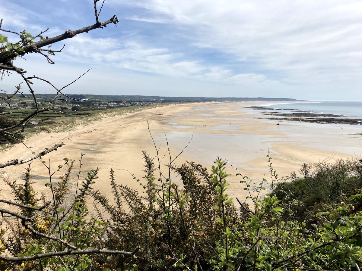 A sandy beach stretches along the coastline, bordered by gentle waves and low-lying vegetation. The expansive shoreline is visible in the distance, with patches of greenery framing the view under a partly cloudy sky.