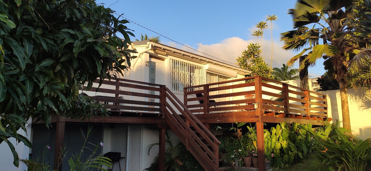 A wooden deck is highlighted at the entrance of a house, surrounded by lush greenery. Tropical plants and trees are visible in the garden, contributing to a serene outdoor space. Morning light casts soft shadows, creating a warm ambiance.