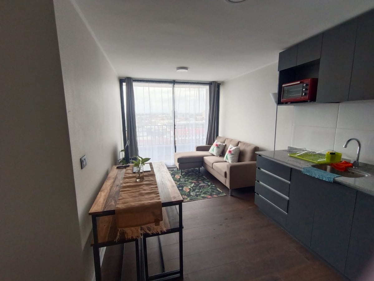 A light-filled living space features a compact kitchen with modern cabinetry and appliances. A dining table is placed near a window, with a small plant accentuating the area. A minimalist sofa offers seating, complemented by natural light from the large window overlooking the city.