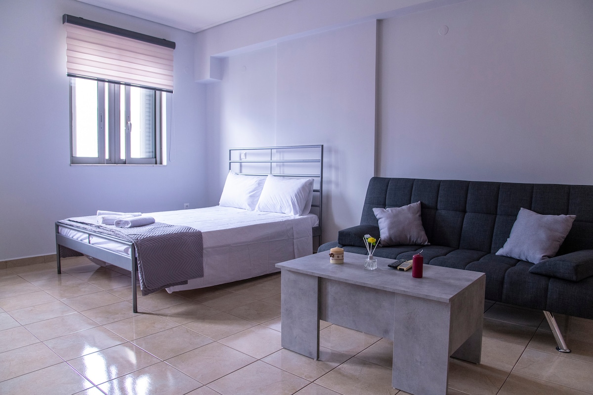 An open studio space features a spacious bed with white linens and a cozy sofa bed in a neutral tone. A simple coffee table is positioned in front of the seating area. Natural light enters through the window adorned with soft shades.
