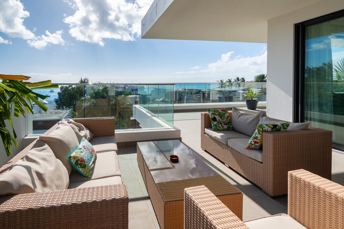 A spacious outdoor seating area is displayed on the terrace, featuring woven furniture with comfortable cushions. A coffee table sits in the center, and a backdrop of the sea is visible beyond the glass railing, complemented by greenery from nearby plants.