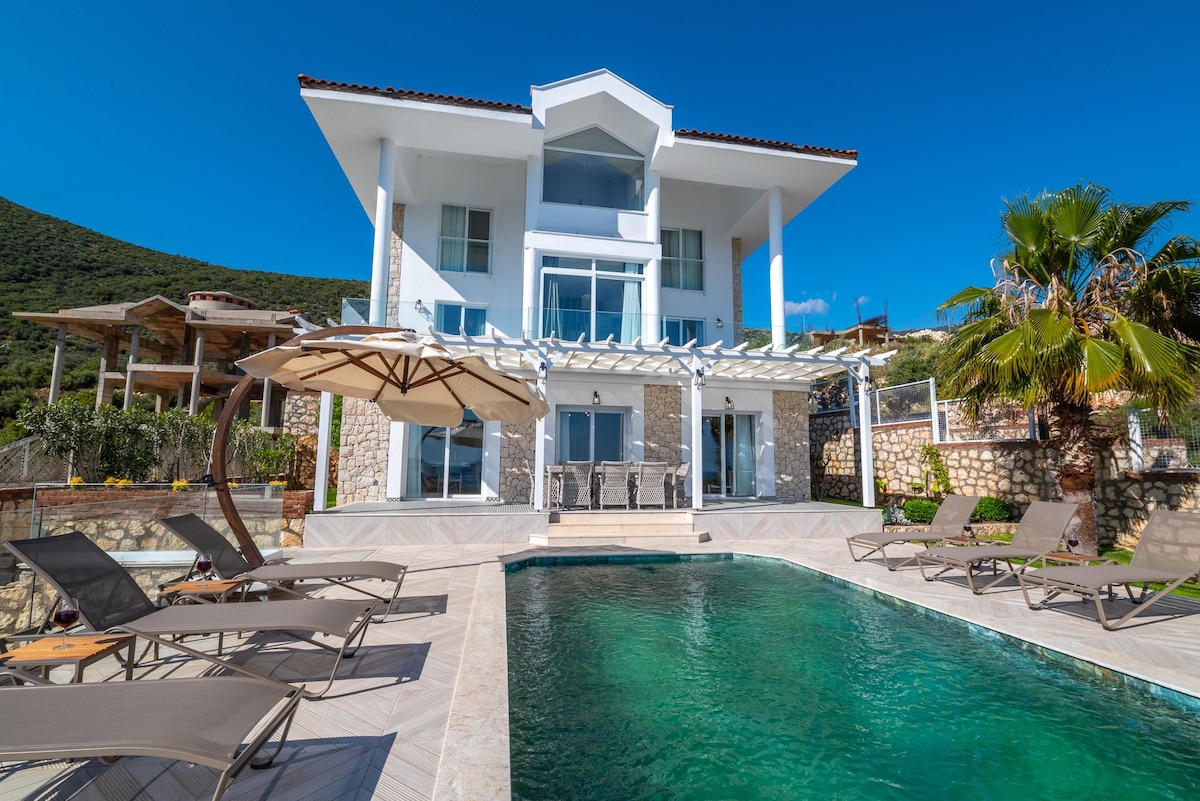 A modern villa is depicted, showcasing a pristine pool surrounded by several lounge chairs. The two-story structure features large glass windows and a balcony, with palm trees and landscaped areas visible in the background, all under a clear blue sky.