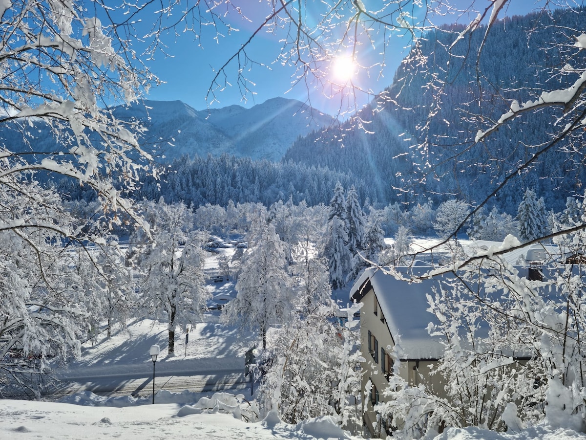 A winter landscape is displayed, featuring a blanket of fresh snow covering the ground and trees, with sunrays illuminating the scene. Mountains rise in the background, enhancing the serene atmosphere of the snowfall. A cozy building is partially visible among the snowy surroundings.