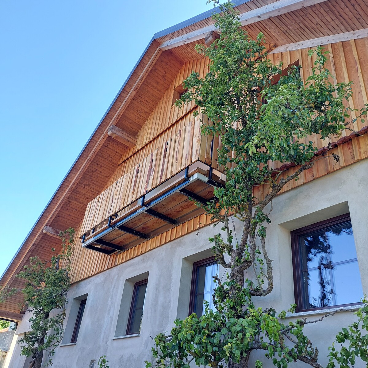 A rustic wooden exterior features a spacious balcony adorned with greenery. The building's facade showcases a blend of natural wood and smooth plaster, with multiple windows that invite light into the interior. The surrounding trees enhance the peaceful and natural ambiance.