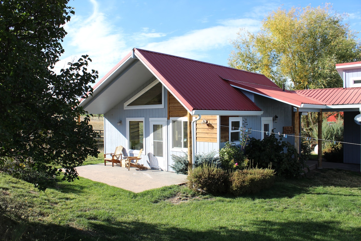 The cabin features a sloped roof with a metal finish and large windows that invite natural light. A small patio area is visible with seating, surrounded by lush greenery and natural landscaping. The setting showcases open fields in the background.