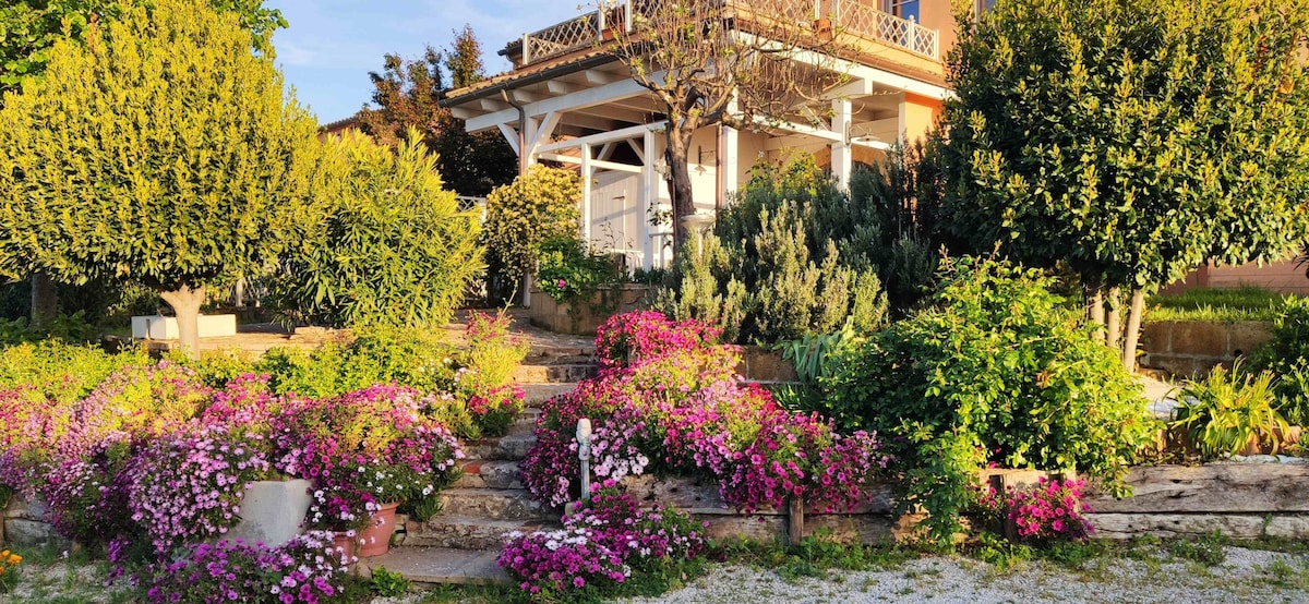 Lush gardens are framed by vibrant flowers in various colors, creating an inviting outdoor space. Steps made of stone lead to the entrance of the building, where greenery and trees add to the serene atmosphere.