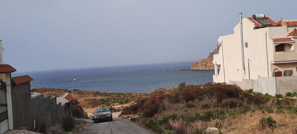 A coastal view is captured from a sloping road, showcasing a tranquil sea with distant land visible on the horizon. Surrounding terrain is characterized by sparse vegetation and rocky formations, while modern buildings line the road, contributing to the peaceful neighborhood setting.