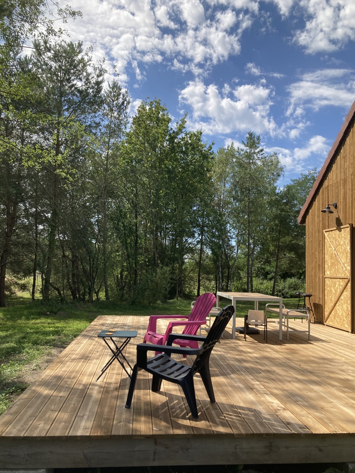 A wooden deck is surrounded by lush greenery, providing a serene outdoor space. Two lounge chairs, one pink and one black, are positioned beside a small table. A larger dining table with several chairs is also visible, suitable for gatherings in nature.