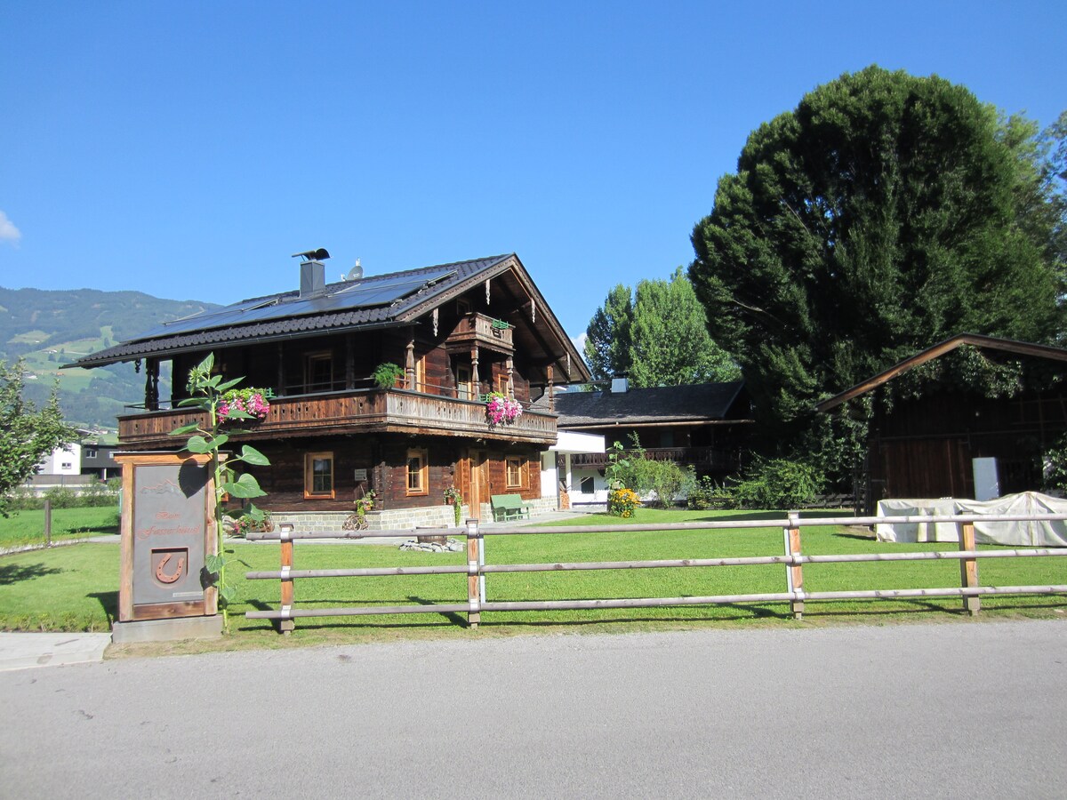 A charming wooden chalet is surrounded by a well-maintained lawn and vibrant greenery. The exterior features flower boxes and a spacious balcony. A rustic wooden fence borders the property, with the scenic mountains visible in the background under a clear blue sky.