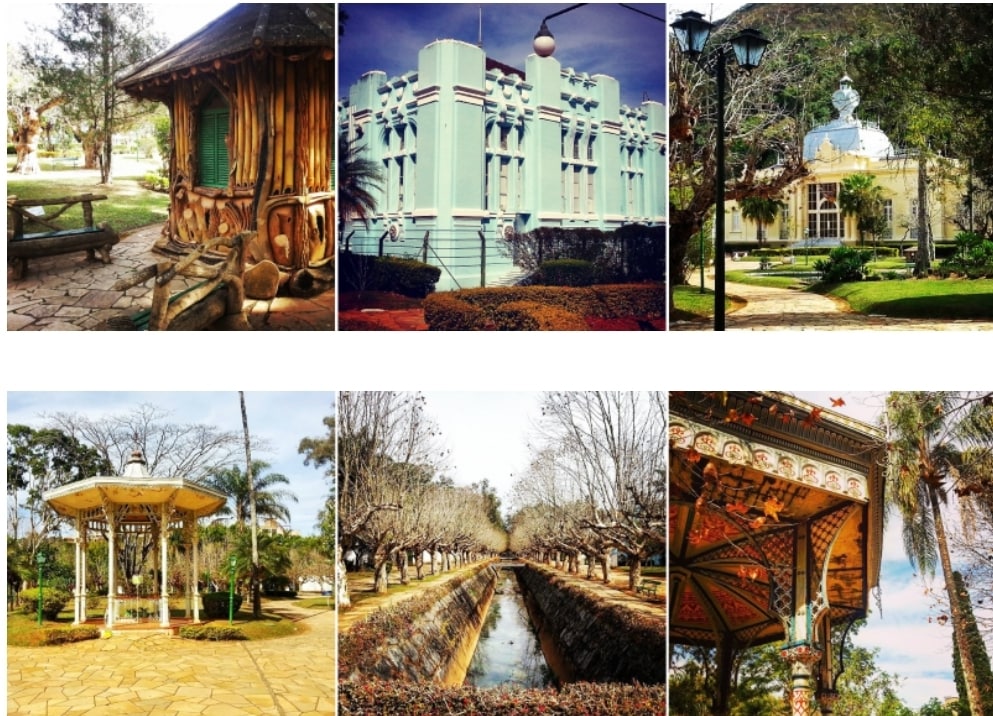 A whimsical wooden gazebo features decorative details and is surrounded by lush greenery. Stone pathways wind through manicured gardens. An elegant building with a light blue façade stands nearby, complemented by tall trees and well-maintained shrubbery.